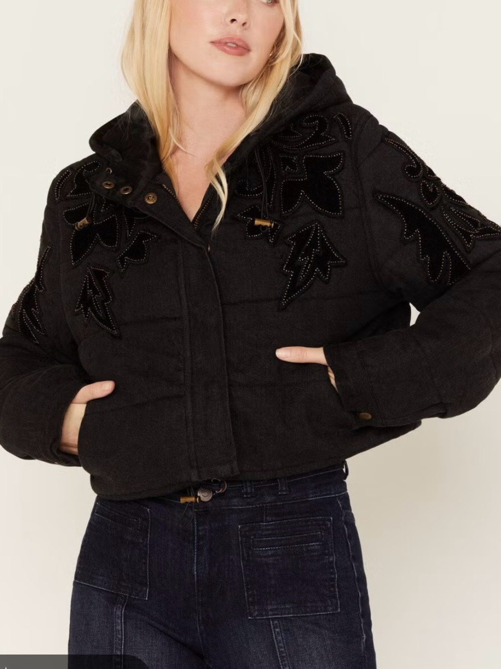 NWOT Free People x Boot Barn Fleur De Lis Embellished Denim Puffer Coat in Black